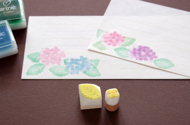 紫陽花のミニ消しゴムはんこ＆押し方見本カードセット